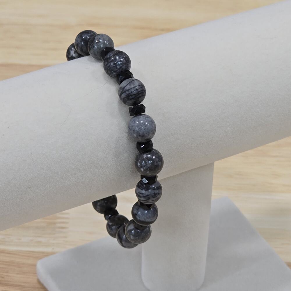 Grey Natural Stone Black Faceted Beaded Gemstone Bracelet Heart Toggle Closure